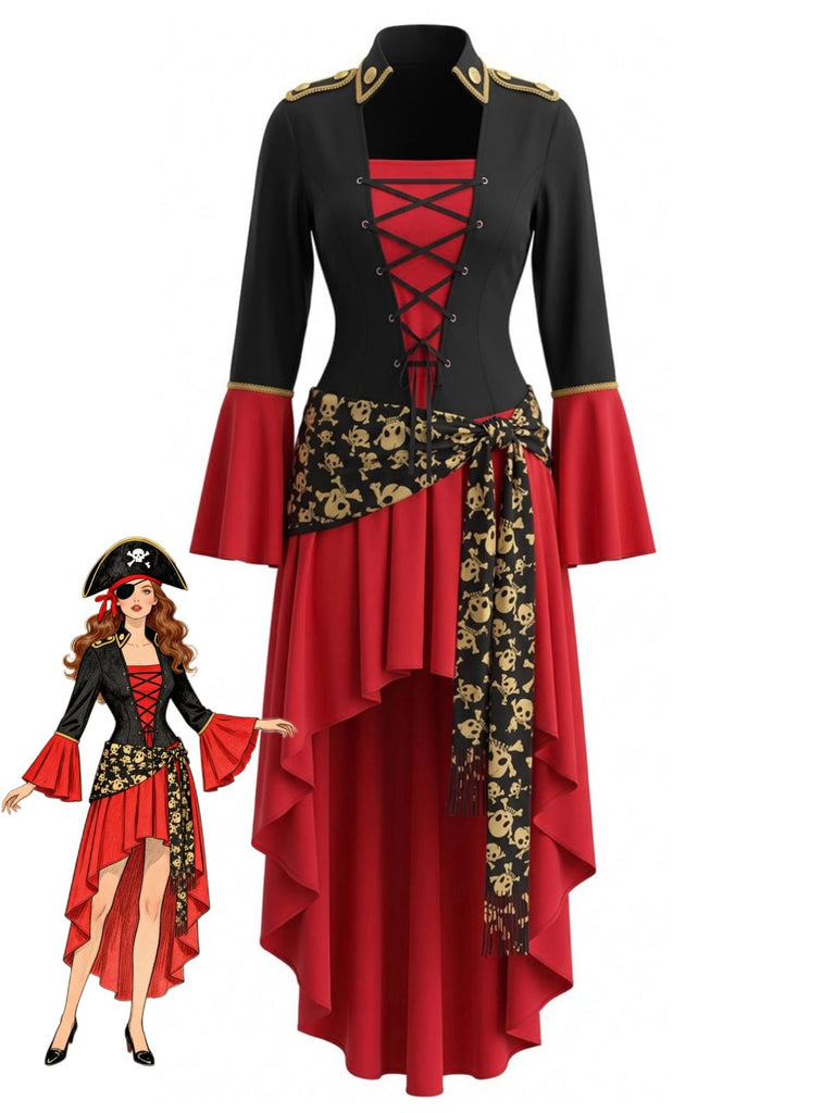Abito Rosso e Nero Anni '40 Pirata Costume con Allacciatura Orlo Asimmetrico