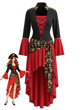 Abito Rosso e Nero Anni '40 Pirata Costume con Allacciatura Orlo Asimmetrico