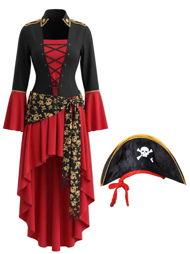 Abito Rosso e Nero Anni '40 Pirata Costume con Allacciatura Orlo Asimmetrico 2