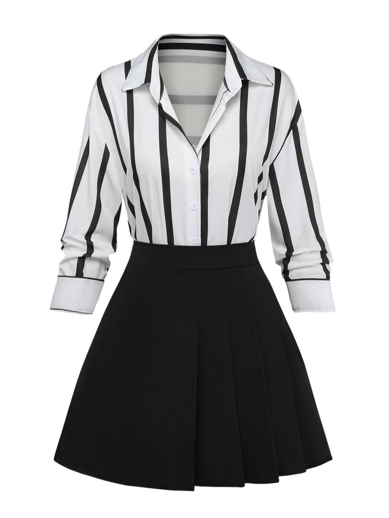 2PCS Gonna Nero Anni '60 a Righe Camicia e Asymmetric Plissettato 2