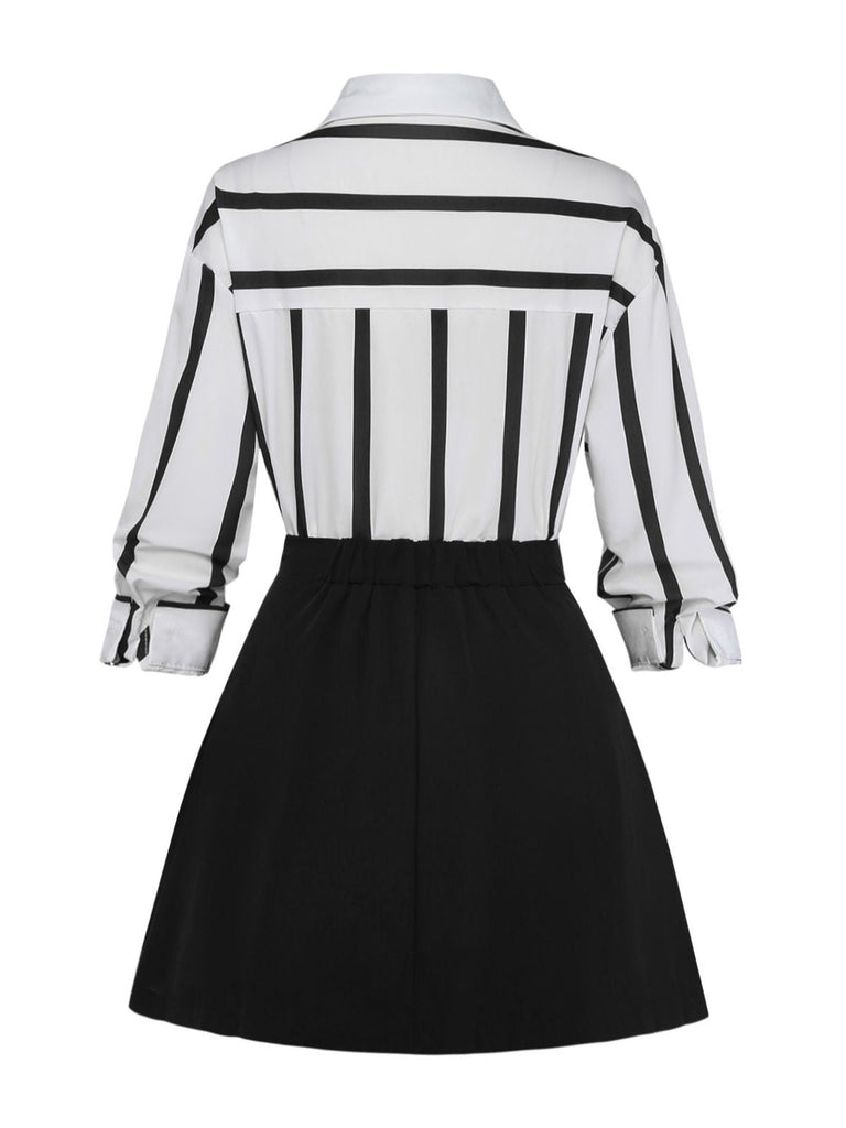 2PCS Gonna Nero Anni '60 a Righe Camicia e Asymmetric Plissettato 3