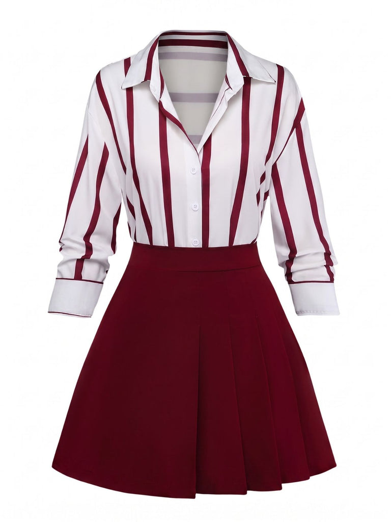 2PCS Gonna Nero Anni '60 a Righe Camicia e Asymmetric Plissettato 4