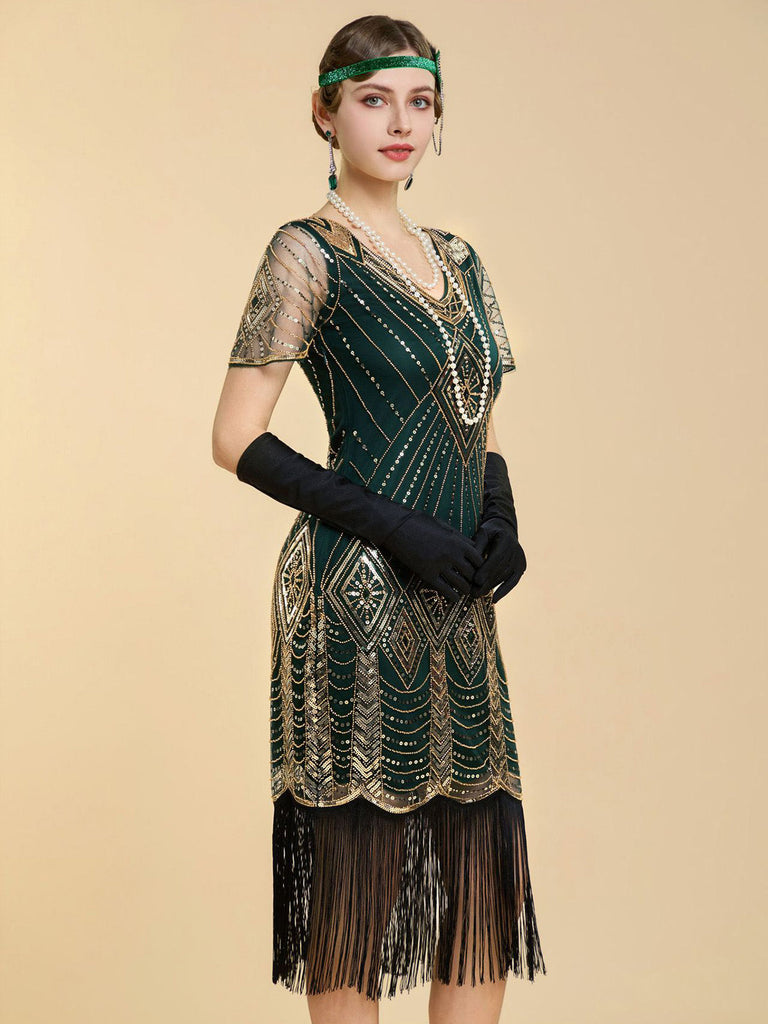 Abito Nero Anni '20 Perline con Frange in Rete Sleeves con Paillettes Ricamate Gatsby 11