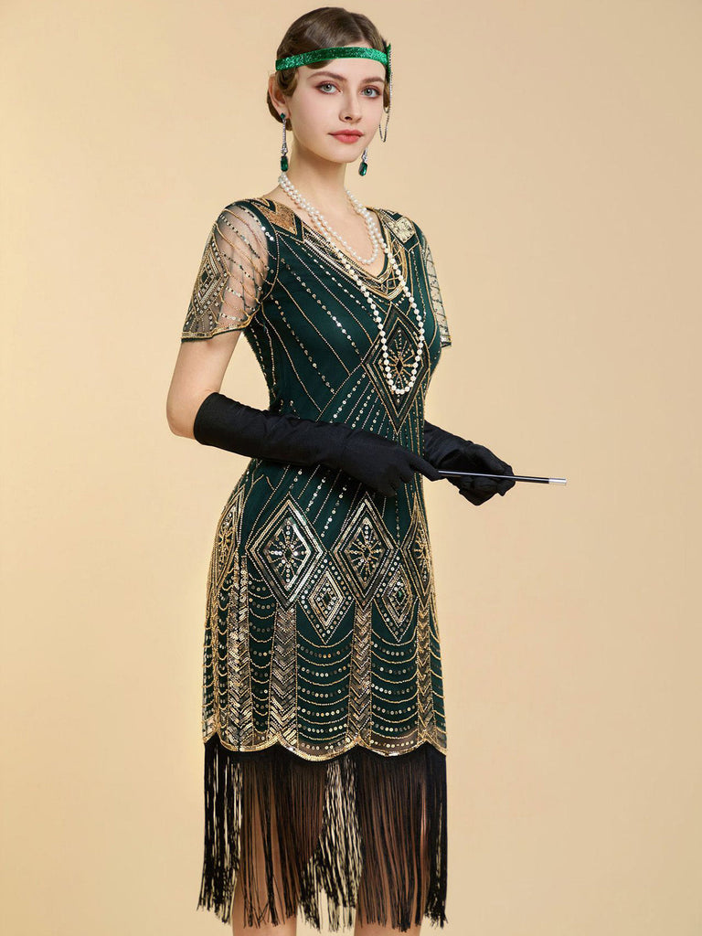 Abito Nero Anni '20 Perline con Frange in Rete Sleeves con Paillettes Ricamate Gatsby 6