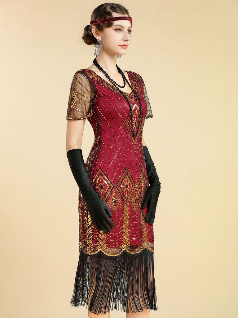 Abito Nero Anni '20 Perline con Frange in Rete Sleeves con Paillettes Ricamate Gatsby 15