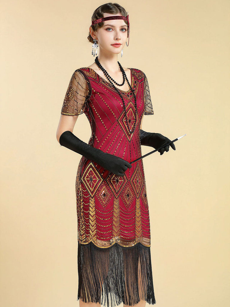 Abito Nero Anni '20 Perline con Frange in Rete Sleeves con Paillettes Ricamate Gatsby 12