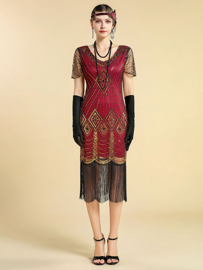 Abito Nero Anni '20 Perline con Frange in Rete Sleeves con Paillettes Ricamate Gatsby 13