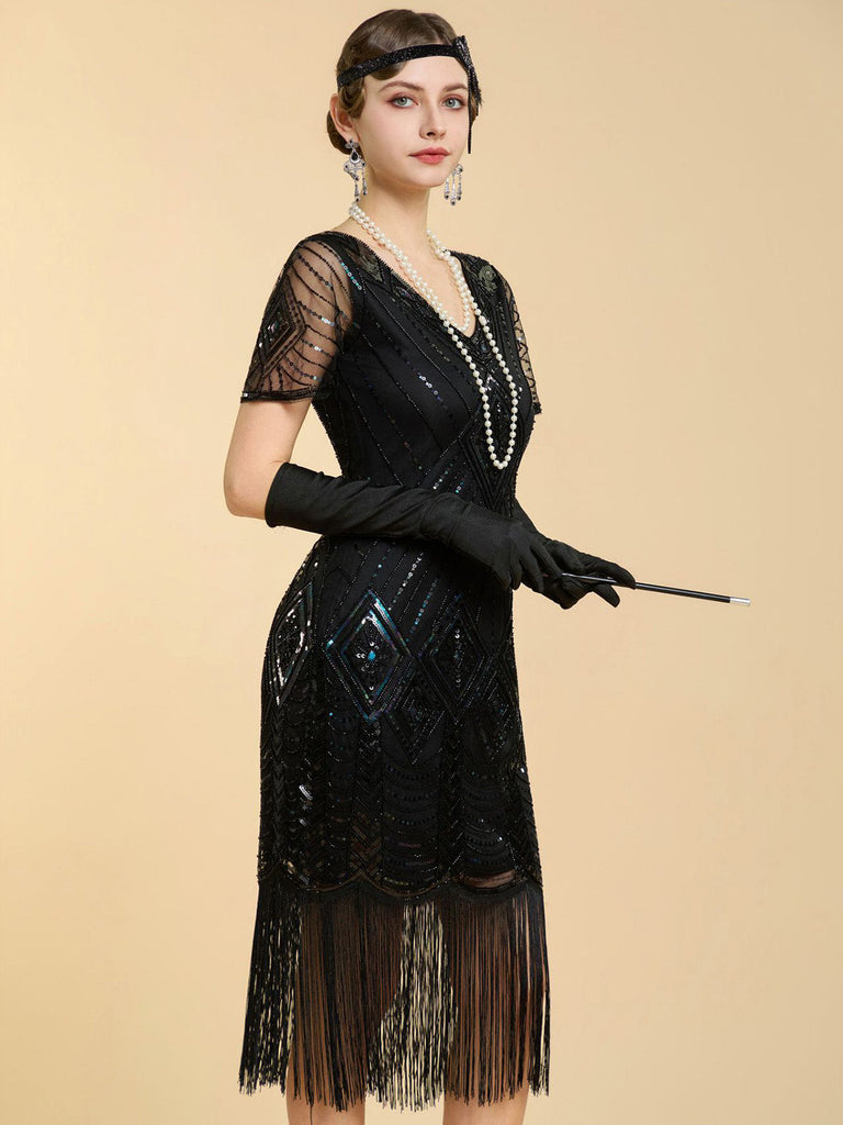 Abito Nero Anni '20 Perline con Frange in Rete Sleeves con Paillettes Ricamate Gatsby 3
