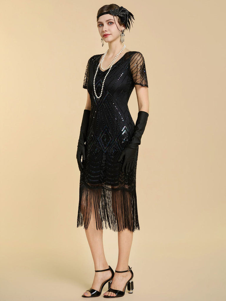 Abito Nero Anni '20 Perline con Frange in Rete Sleeves con Paillettes Ricamate Gatsby 5