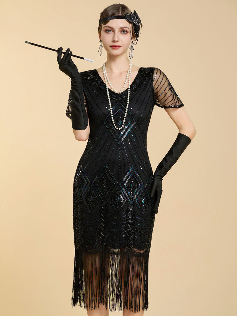 Abito Nero Anni '20 Perline con Frange in Rete Sleeves con Paillettes Ricamate Gatsby