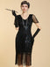 Abito Nero Anni '20 Perline con Frange in Rete Sleeves con Paillettes Ricamate Gatsby