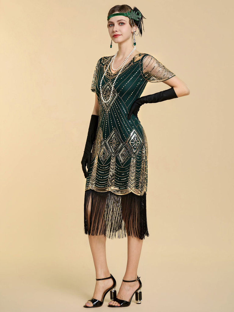 Abito Nero Anni '20 Perline con Frange in Rete Sleeves con Paillettes Ricamate Gatsby 8