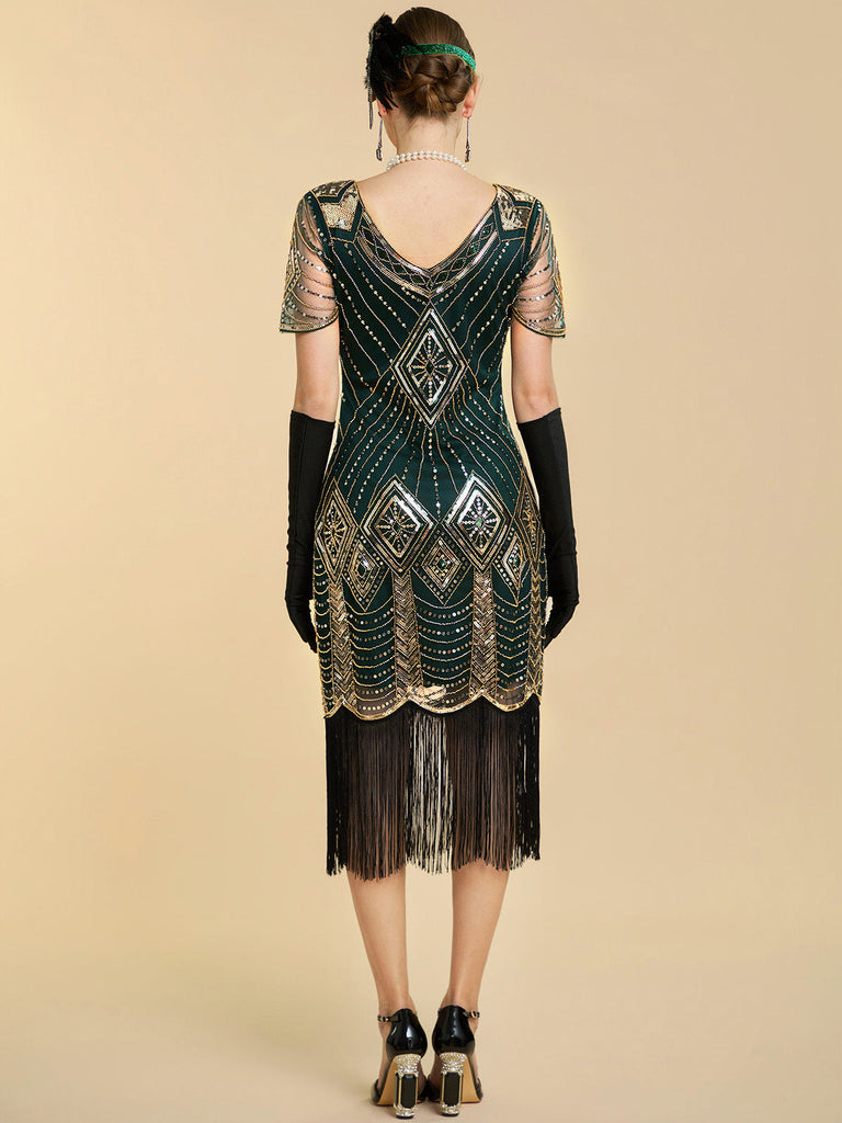 Abito Nero Anni '20 Perline con Frange in Rete Sleeves con Paillettes Ricamate Gatsby 9