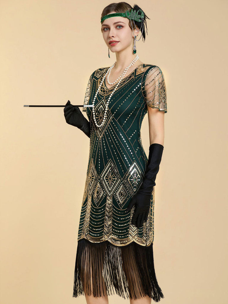 Abito Nero Anni '20 Perline con Frange in Rete Sleeves con Paillettes Ricamate Gatsby 10