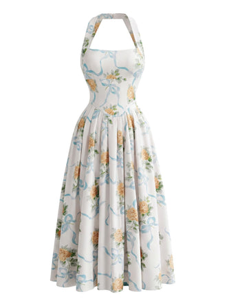 Abito Halter con Laccio Dietro e Spacco Floreale Giallo Anni '30 2