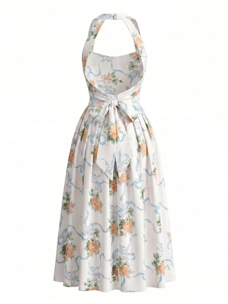 Abito Halter con Laccio Dietro e Spacco Floreale Giallo Anni '30 3