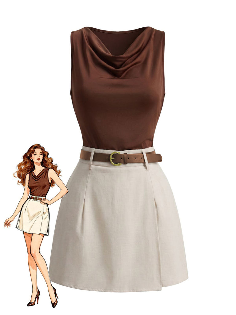2PCS Top Marrone con Scollo a Cappuccio e Pantaloncini Anni '60