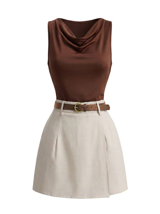 2PCS Top Marrone con Scollo a Cappuccio e Pantaloncini Anni '60