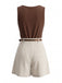 2PCS Top Marrone con Scollo a Cappuccio e Pantaloncini Anni '60