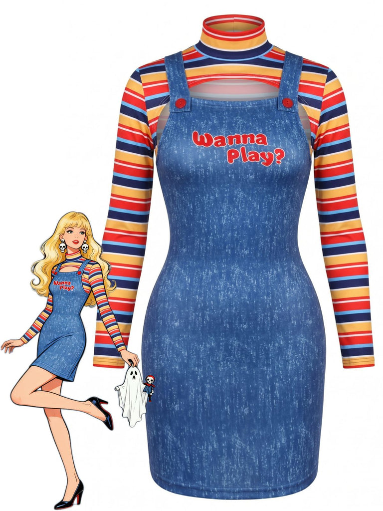 2PCS Abito Blu Anni '60 a Righe Collo Alto Top e Overall