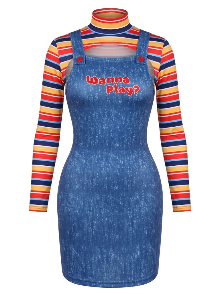 2PCS Abito Blu Anni '60 a Righe Collo Alto Top e Overall 2