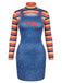 2PCS Abito Blu Anni '60 a Righe Collo Alto Top e Overall 2
