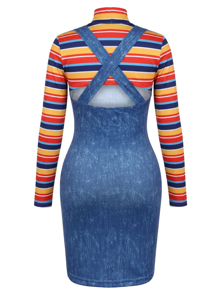 2PCS Abito Blu Anni '60 a Righe Collo Alto Top e Overall 3