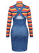2PCS Abito Blu Anni '60 a Righe Collo Alto Top e Overall 3