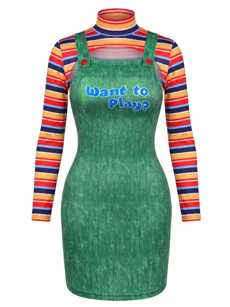 2PCS Abito Blu Anni '60 a Righe Collo Alto Top e Overall 4