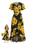 [Prevendita] Abito Portafoglio Nero Anni '40 con Floreale Girasole e Scollo a V