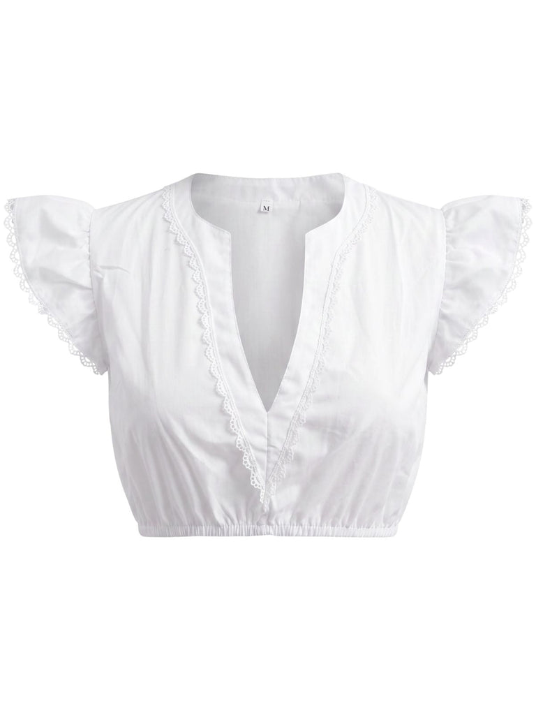 Top Corto Bianco con Maniche a Farfalla e Scollo a V Anni '50