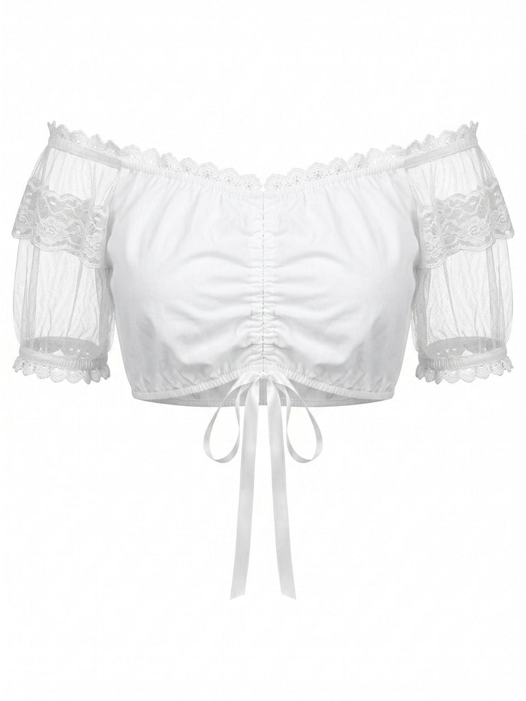 Crop Top Bianco Anni '50 in Pizzo Scollo Quadrato Puff