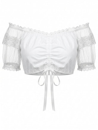 Crop Top Bianco Anni '50 in Pizzo Scollo Quadrato Puff