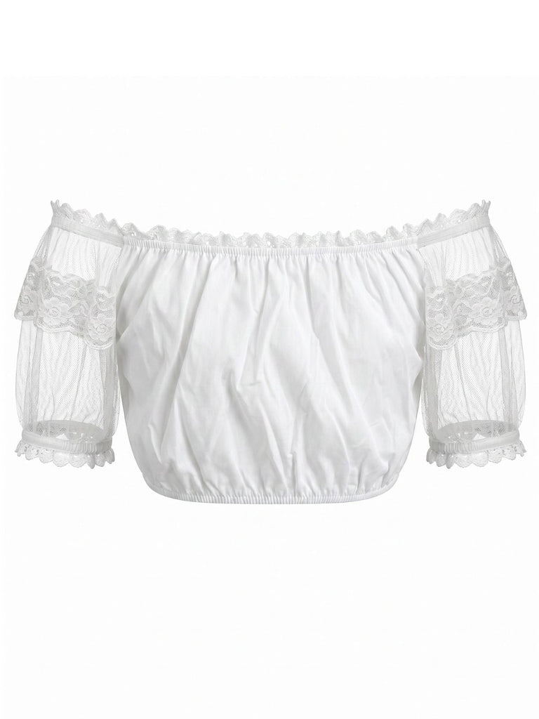 Crop Top Bianco Anni '50 in Pizzo Scollo Quadrato Puff 2