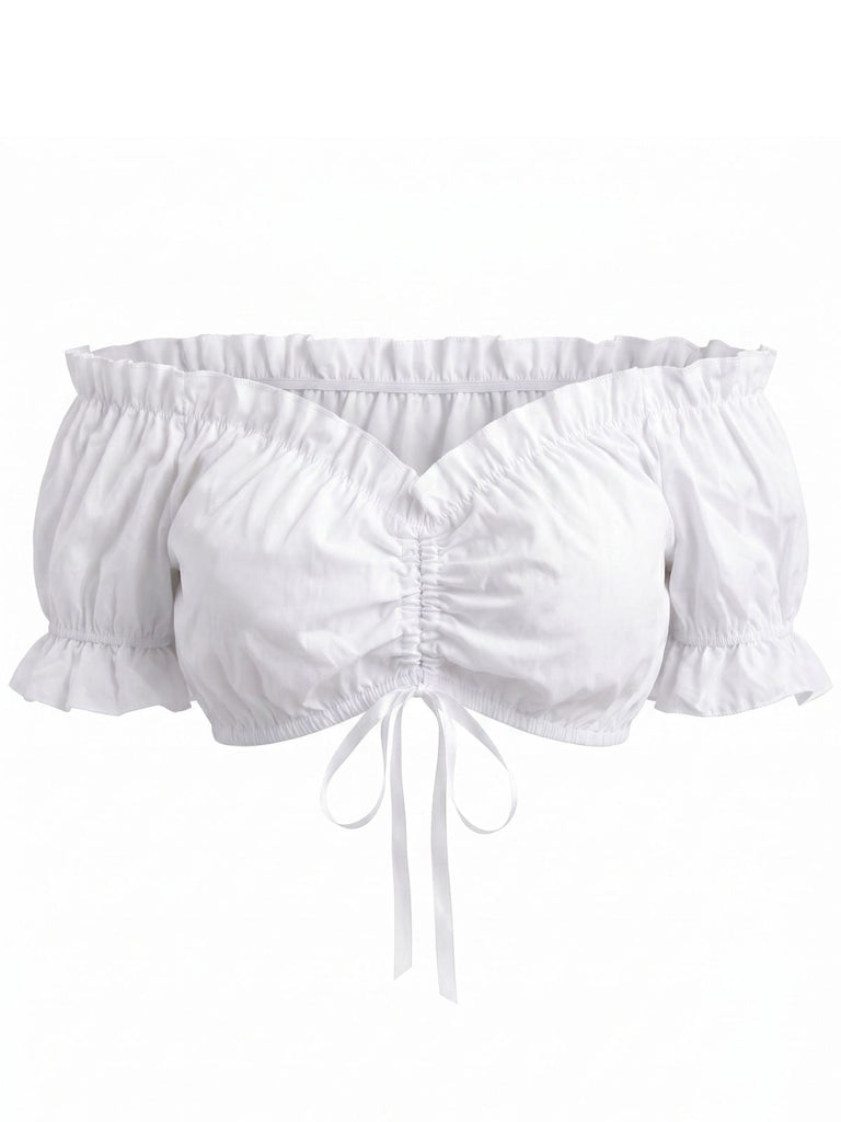 Top Corto Bianco con Spalle Scoperte Ruches e Fiocco Frontale Anni '50