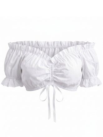 Top Corto Bianco con Spalle Scoperte Ruches e Fiocco Frontale Anni '50
