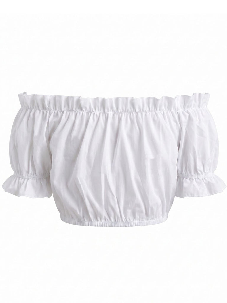 Top Corto Bianco con Spalle Scoperte Ruches e Fiocco Frontale Anni '50 2