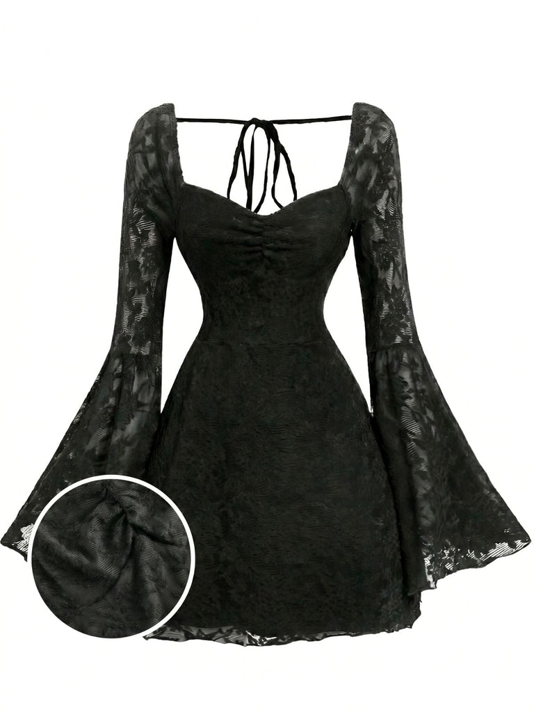 Abito Nero in Pizzo Halter con Maniche Svasate Anni '50
