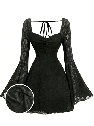 Abito Nero in Pizzo Halter con Maniche Svasate Anni '50