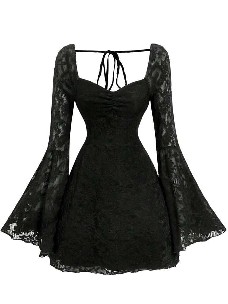 Abito Nero in Pizzo Halter con Maniche Svasate Anni '50 2