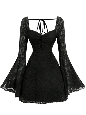 Abito Nero in Pizzo Halter con Maniche Svasate Anni '50 2