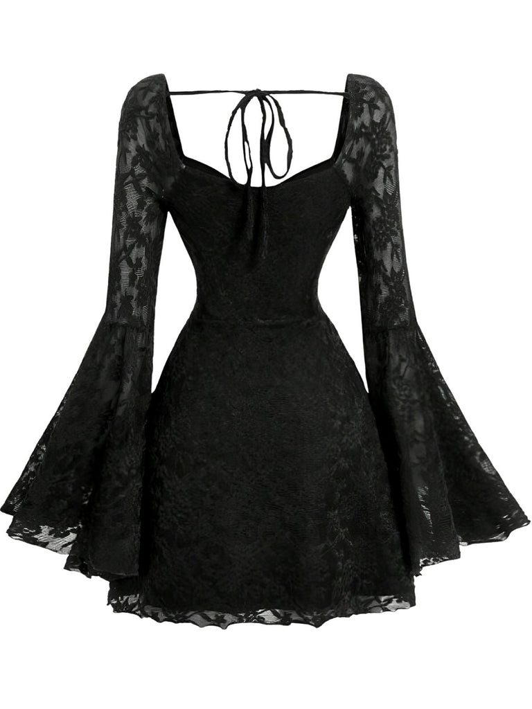 Abito Nero in Pizzo Halter con Maniche Svasate Anni '50 3