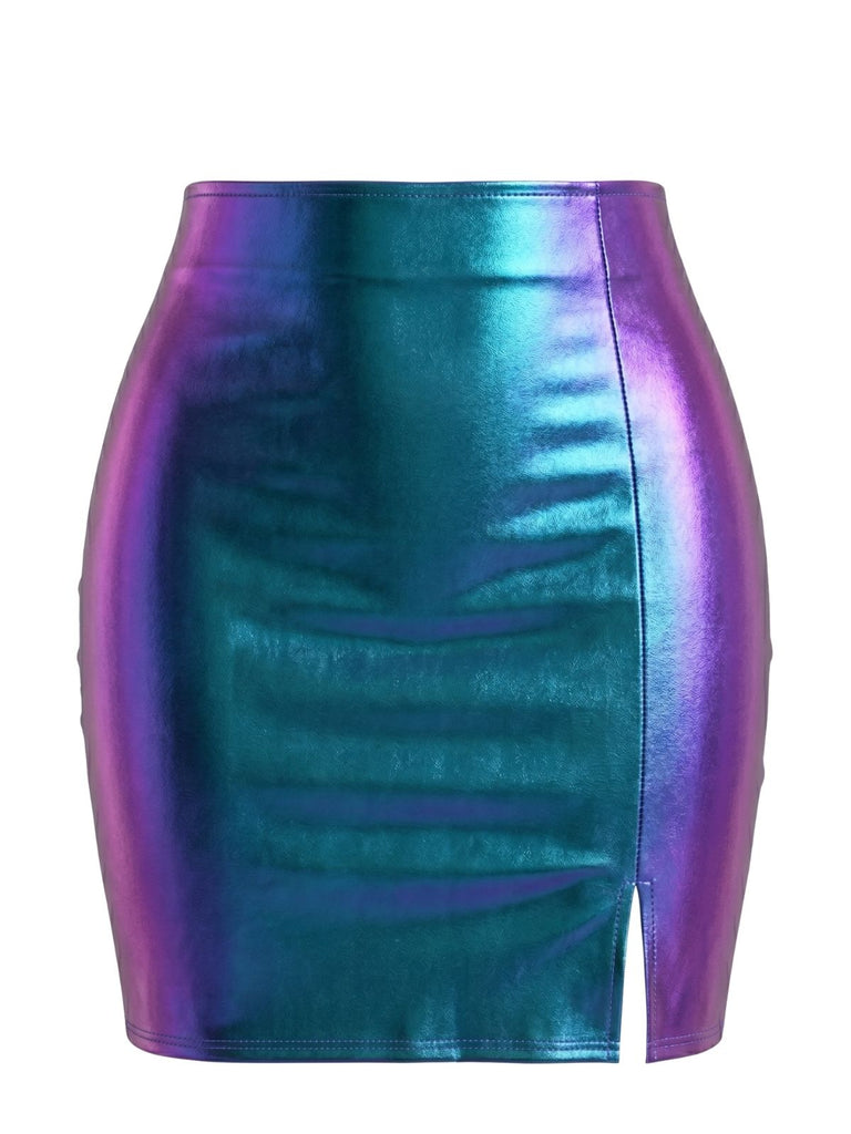 Minigonna Blu Anni '70 Holografico Metallizzato Side con Spacco Aderente