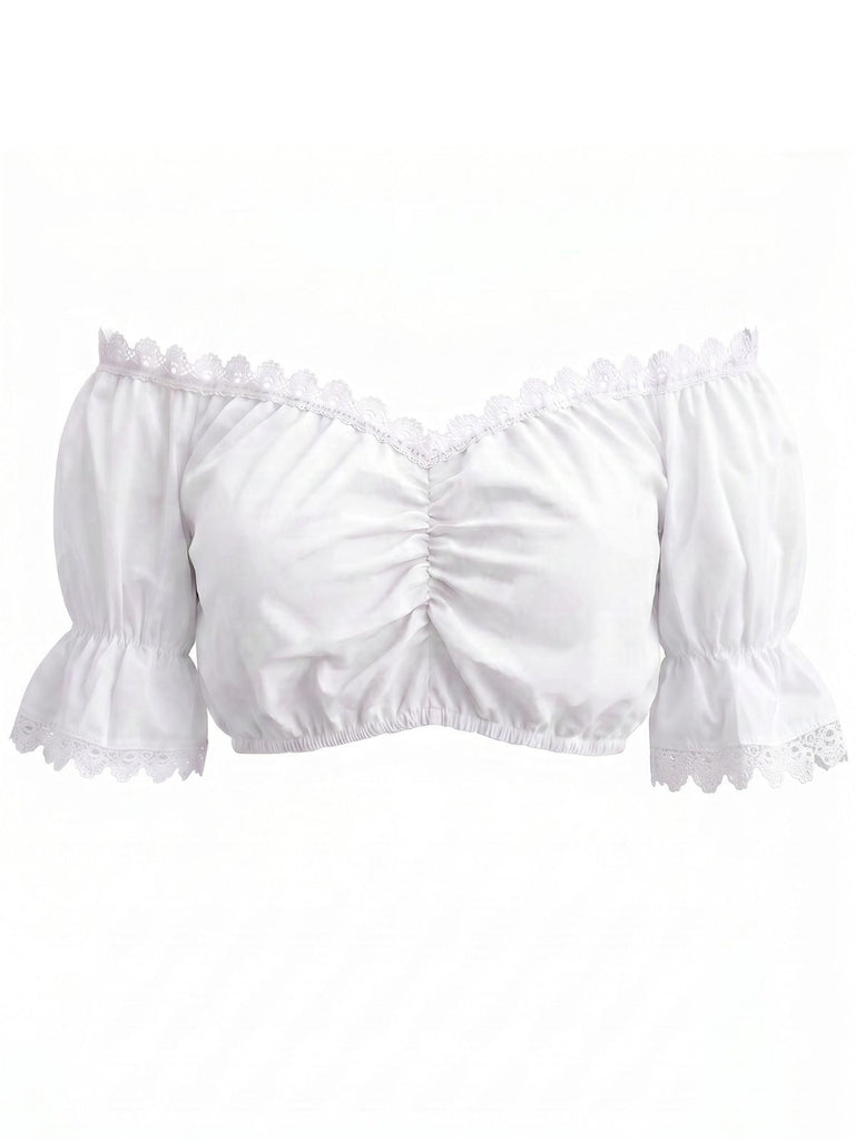 Crop Top Bianco Anni '50 Spalle Scoperte in Pizzo con Bordo