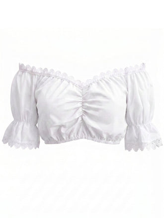 Crop Top Bianco Anni '50 Spalle Scoperte in Pizzo con Bordo