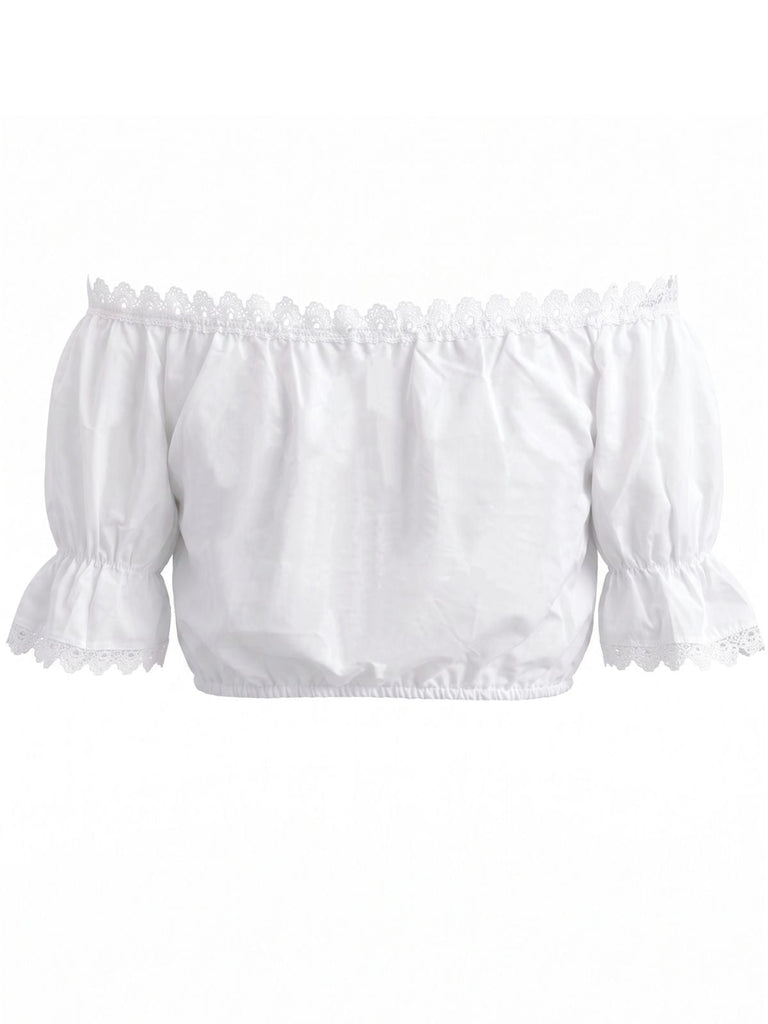Crop Top Bianco Anni '50 Spalle Scoperte in Pizzo con Bordo 3