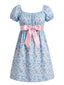 [Prevendita] Abito Azzurro Anni '60 in Satin Floreale con Maniche a Sbuffo e Fiocco