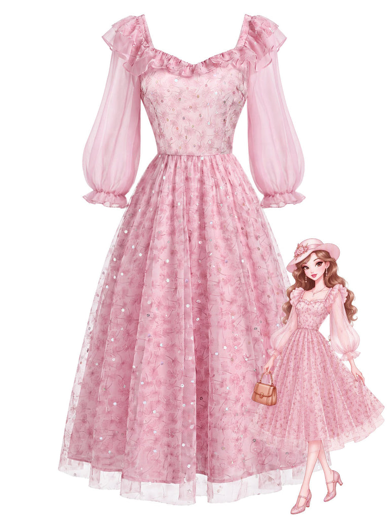 [Prevendita] Abito Rosa Anni '50 Floreale in Rete con Paillettes e Volant
