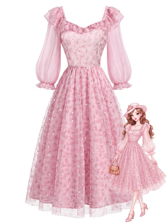 [Prevendita] Abito Rosa Anni '50 Floreale in Rete con Paillettes e Volant