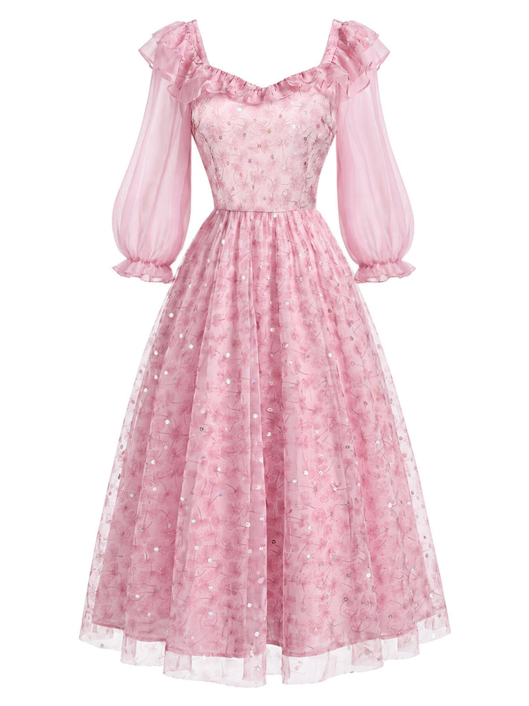 [Prevendita] Abito Rosa Anni '50 Floreale in Rete con Paillettes e Volant 2